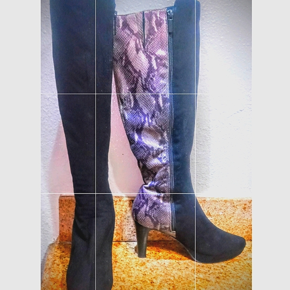 Impo Stretch Knee High Heel Boots w/ Faux Snakeskin Leather - Size 8M